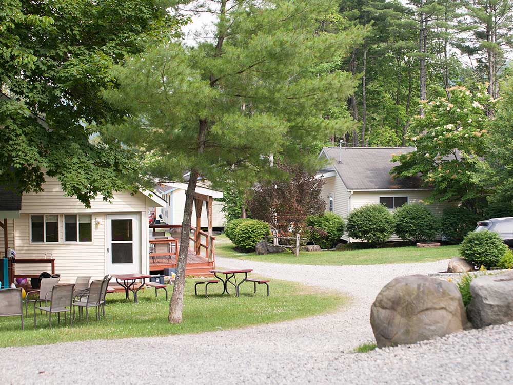 drive way leading to cabins among trees
