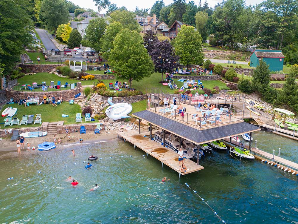 Lake shore view with terraced lawn and docks
